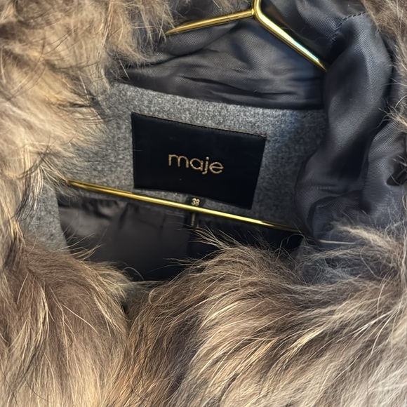 Maje Grey Wool Coat Fur Hood - Picture 3 of 5